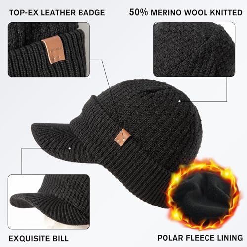 TOP-EX DryKnit™ 50% Merino Wool Waterproof Brim Beanie, Polartec™ Lined - color: Black (Waterproof), size: Medium-Large