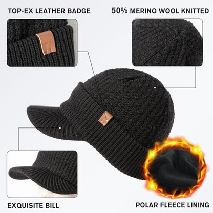 TOP-EX DryKnit™ 50% Merino Wool Waterproof Brim Beanie, Polartec™ Lined - color: Updated Black (Waterproof), size: Medium-Large