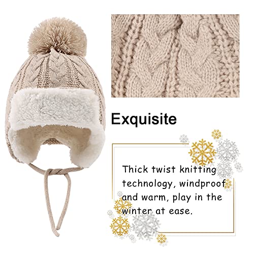 Peecabe Winter Kids Beanie Hat Baby Knitted Hats Fleece Earflap Toddler Cap - color: Beige, size: 6-24 Months