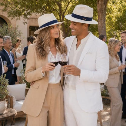 Straw Panama Hat for Men Women, Beach Sun Fedora Hat - color: Off White-blue