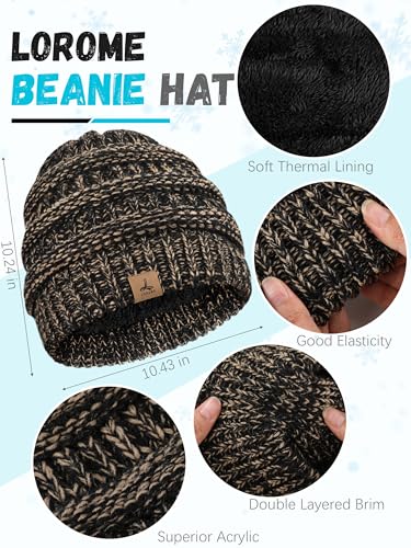LOROME Winter Beanie Hat Scarf Gloves, Warm Fleece Knit Neck Scarf Set Gift - color: Beige Black Mix