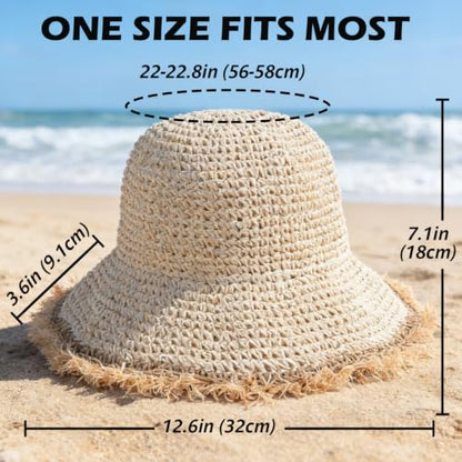 Women's Straw Bucket Sun Hat, Packable Floppy Wide Brim Beach Hat - color: Beige