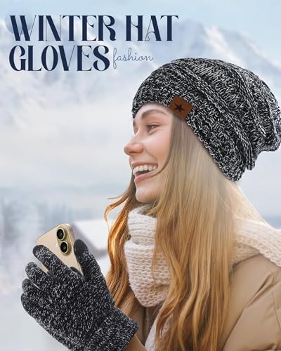 JaGely 8 Pieces Women Winter Hats and Gloves Set Women Warm Touchscreen Knitted Lined Gloves Winter Beanies - color: Mixed Black White