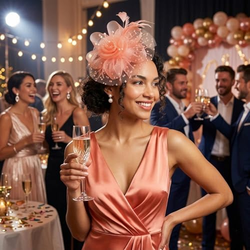 DRESHOW Fascinators Hat Flower Mesh Ribbons Feathers on a Headband and a Clip Tea Party Headwear for Girls and Women - color: 7" Diameter / Champagne