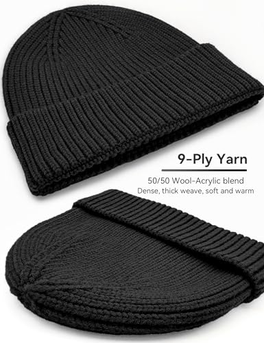 vidsel 50% Wool Thick Beanie Hat Men Women, Seamless Cuffed Winter Knit Cap - color: 2pcs Black, Army Green