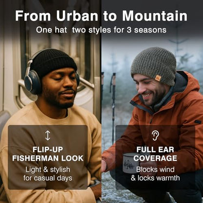 PolarWool™ L/XL/XXL Merino Wool Waffle Fisherman Beanie Watch Cap Dual-Layer 2 Styles Warm Winter Knit Hat for Men Women - color: Gray(urban), size: Medium-Large