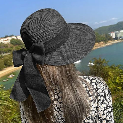 Women Straw Beach Sun Hat Wide Brim UV Protection Floppy Sun Hats - color: Black