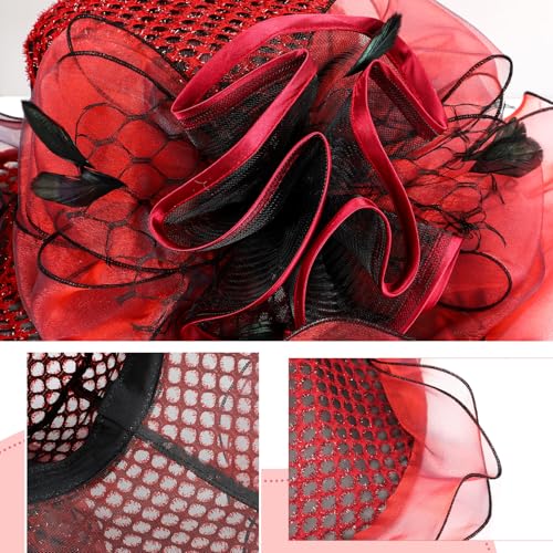 Derby Hat for Women 2026 Wide Brim Organza Sun Church Hat Set Feather Floral Fascinator for Tea Party Wedding Derby - color: Red