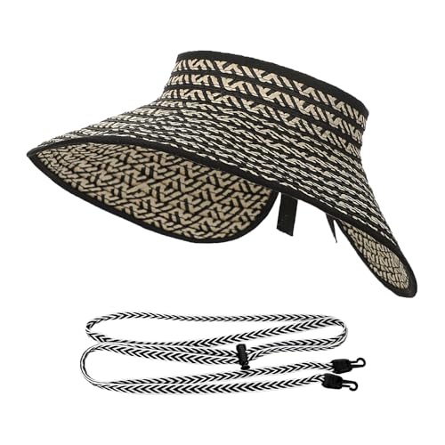 Womens Foldable Straw Sun Hat Wide Brim Adjustable Roll Up Visor Hat Woven Packable Summer Beach Hat Travel Vacation Holiday - color: Black & White