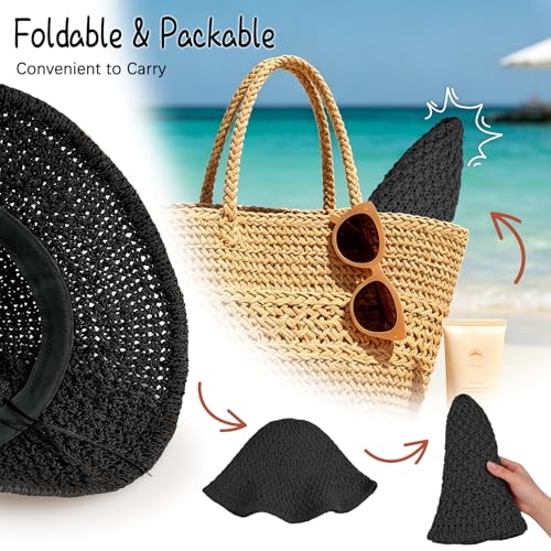 Sun Hat for Women Summer Straw Beach Hats Bucket Hat Floppy Crochet Hat - color: Black