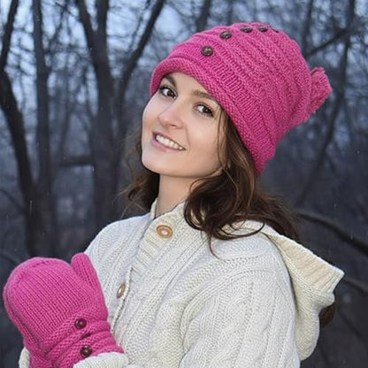 Agan Traders Women's 2026 Winter Mitten Hat Warm Fleece Lined Oversized Thick Chunky Slouchy From Nepal - color: Hat - Pink