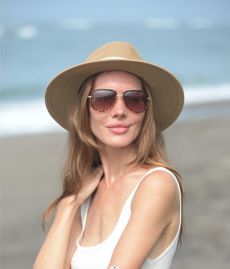FURTALK Womens Mens Wide Brim Straw Panama Hat Fedora Summer Beach Sun Hat - color: Khaki-beige, size: Medium-Large