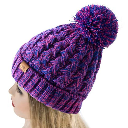 PAGE ONE Womens Winter Ribbed Beanie Crossed Cap Chunky Cable Knit Pompom Soft Warm Hat - color: Dark Rose