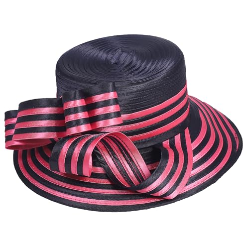 Women Derby Church Dress Fascinator Wide Brim Hats 1920s Vintage Tea Party Wedding Cloche Bowler Hats - color: Navy/Rose