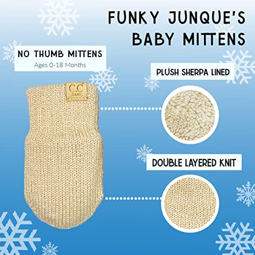Funky Junque Baby Double Faux Fur Pom Pom Beanie & Mittens Set – Newborn Infant 0–9 Months Winter Hat with Soft Lined Mittens - color: Beige (0-9 Mo)