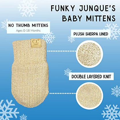 Funky Junque Baby Double Faux Fur Pom Pom Beanie & Mittens Set – Newborn Infant 0–9 Months Winter Hat with Soft Lined Mittens - color: Beige (0-9 Mo)