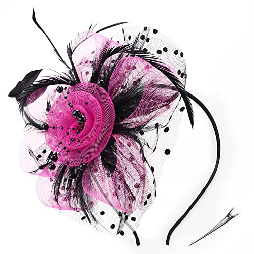 AQOKKA Women Fascinators Hats Flower Fascinators with Headband and Clip Tea Party Headwear for Women and Girls - color: 1 Pc 7" Diameter / Black Fuschia a