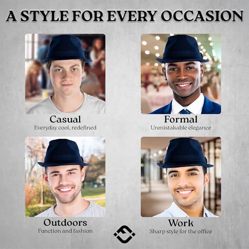 Funky Junque Fedora Hats for Men – Classic Wool Blend Trilby Dress Hat, Short Brim Men’s Fedoras for Formal & Casual Wear - color: Navy, size: 7 1/4-7 5/8