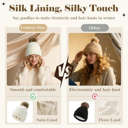 Satin Lined Beanie for Women with Detachable Pom Pom, Winter Cuffed Hat - color: Yellow