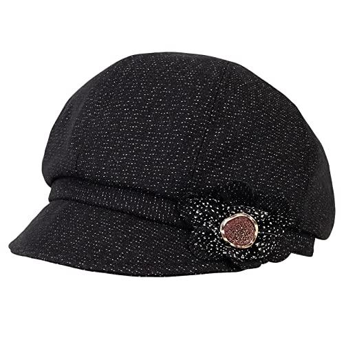 Women Retro Classic Visor Newsboy Cabbie Cap Beret Hats with Flower Buckle for Woman Ladies - color: 1black