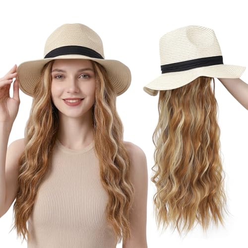 Hat Wig Panama Hat with Mix Golden Blonde Long Wave Hair Attached for Women Beige Color Wide Brim Straw Beach Sun Hat Wig - color: M-Mgolden blonde