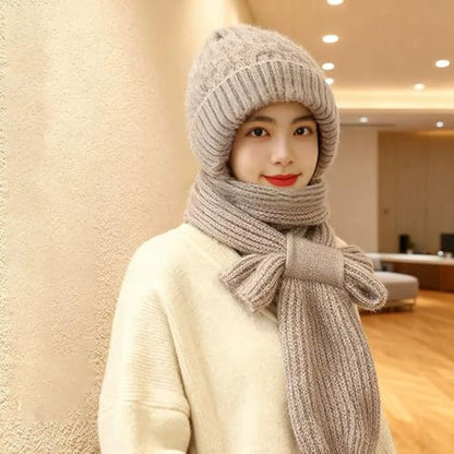 Women Winter Warm Elastic Soft Ear Protection Knitted Scarf Hat Fleece Lined Beanie Hat - color: Light Khaki