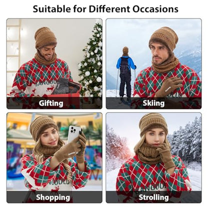 MAYLISACC Winter Knit Beanie Hat Neck Warmer Scarf and Touch Screen Gloves Set 3 Pcs Fleece Lined Skull Cap for Men Women - color: Khaki--3 Pcs--(hat+scarf+gloves)