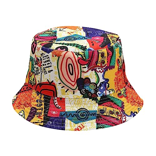 Unisex Print Bucket Hat Sun Hat for Women Men,Reversible Cotton Summer Beach Hat Fisherman Hat - color: Colorful Graffiti