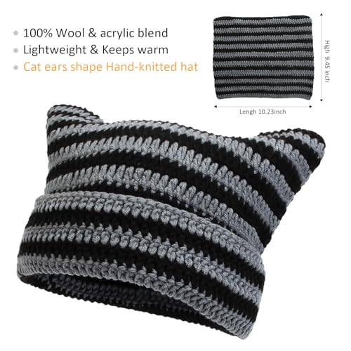 Women Beanie Warm Winter Hats, Soft Knit Lazy Beanie for Women, Women Cat Beanie，Women Fox hat, Slouchy Beanies for Women - color: Black & White