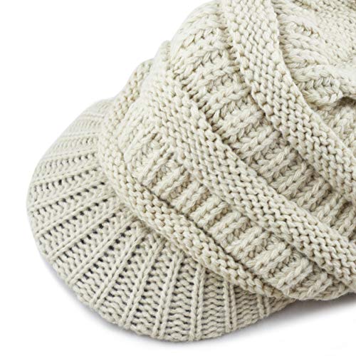 The Hat Depot - Visor Beanie Unisex Winter Knit Skull Beanie with Brim Hat - color: 1. Beige