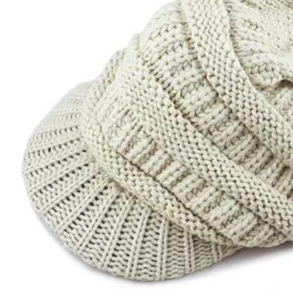 The Hat Depot - Visor Beanie Unisex Winter Knit Skull Beanie with Brim Hat - color: 1. Beige