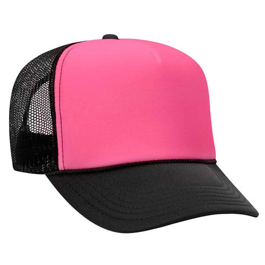Ashen Fane Polyester Foam Front 5 Panel High Crown Mesh Back Trucker Hat - color: Blk/N.pnk/Blk