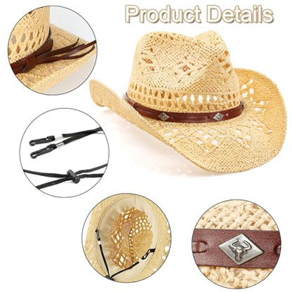 WQWOVRVO Cowboy Hat,Cowgirl Hat,Cowboy Hats for Women/Mens/Straw Wide with Shapeable Brim Cowboy Hat for Womens/White/Black. - color: Beige + Brown Calf Head