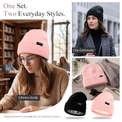2 Pack Satin Lined Beanies for Men and Women Warm Cuffed Winter Hats - color: Black+pink