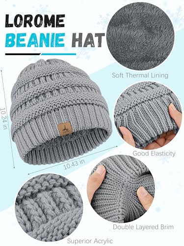 LOROME Winter Beanie Hat Scarf Gloves, Warm Fleece Knit Neck Scarf Set Gift - color: Light Gray