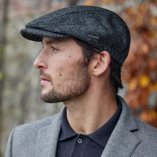 Biddy Murphy Newsboy Flat Cap, 100% Irish Wool - Made in Ireland - color: Gray Herringbone, size: Medium