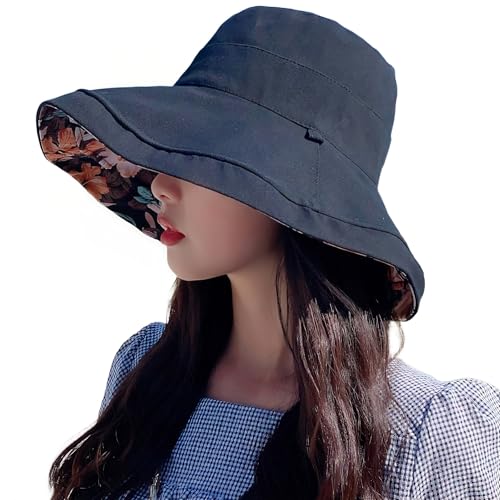 Women Bohemian Reversible Sun Hat Wide Brim Fishing Hats - color: Black Floral