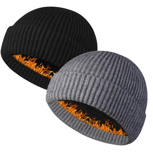 Heniho Wool Fleece Lined Fisherman Beanie for Men, Winter Warm Hats Cuffed Knit Watch Cap Trawler Hat - color: 2pack I- Black&grey