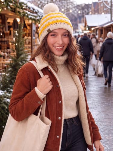 Winter Hats for Women Cable Knit Chunky Skull Cap Fleece Lined Thick Fold Cuff Beanie hat - color: Ginger& Cream Beanie, style: Pineapple