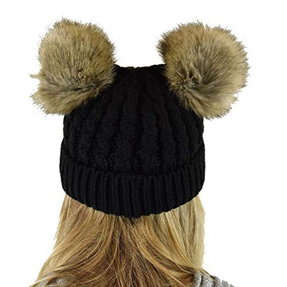 C.C 2 Ear Pom Pom Cable Knit Soft Stretch Cuff Skully Beanie Hat - color: Faux Fur Black