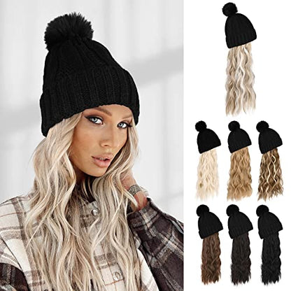 Flufymooz Beanie Wig, Hat Hair Extension Long Wavy Black Hat Wig with Faux Fur Pom, Wig hat Attached 20 Inch Synthetic Hairpiece for Women Girls Winter (Light Blonde with White Blonde) - color: Black Hat-light Blonde With White Blonde Highlights, size: 20