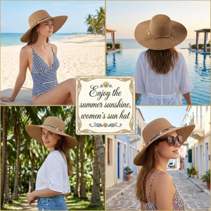 Women's Straw Sun Hat UPF80 UV Protection Foldable Wide Brim Summer Hat Sweatband Adjustable Floppy Beach Hats for Women - color: Khaki- Shell