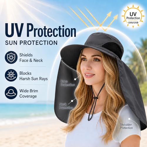 HUAMULAN Women Men Wide Brim Sun Hat Hiking Fishing Hats with Neck Flap - color: Yq005-darkgray