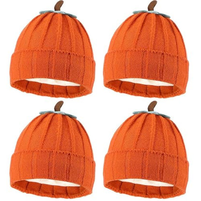 4 Pcs Pumpkin Knitted Beanie Hat Halloween Thanksgiving Pumpkin Costume Beret Hat Autumn Fall Cute Winter Warm Soft Cap for Women Orange