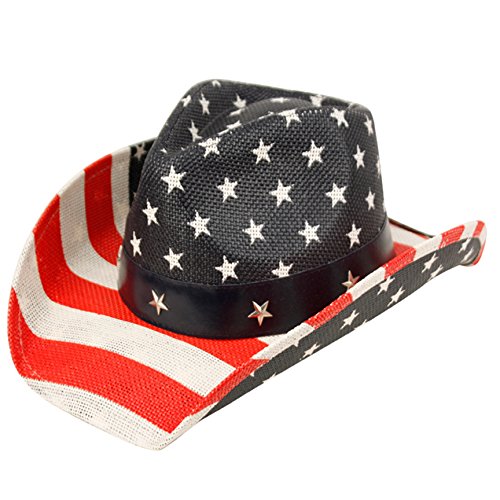 USA American Flag Straw Cowboy Hat w/ Shapeable Brim, Red, White, Navy Blue