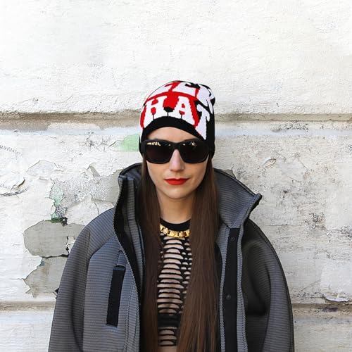 Y2K Beanie for Men Women Cross Graphic Knitted Hat, Slouchy Winter Warm Cap, Grunge Goth Cyber Aesthetics, Black - color: Black-red-white2