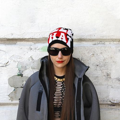 Y2K Beanie for Men Women Cross Graphic Knitted Hat, Slouchy Winter Warm Cap, Grunge Goth Cyber Aesthetics, Black - color: Black-red-white2