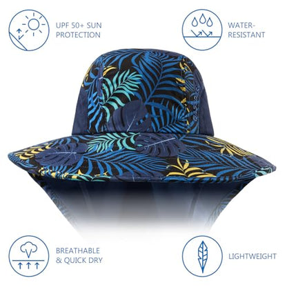 BASSDASH UPF 50+ Unisex Water Resistant Wide Brim Sun Hat with Large Neck Flap Ponytail Fishing Hat for Men Women - color: Colorful Leaves/Dark Blue