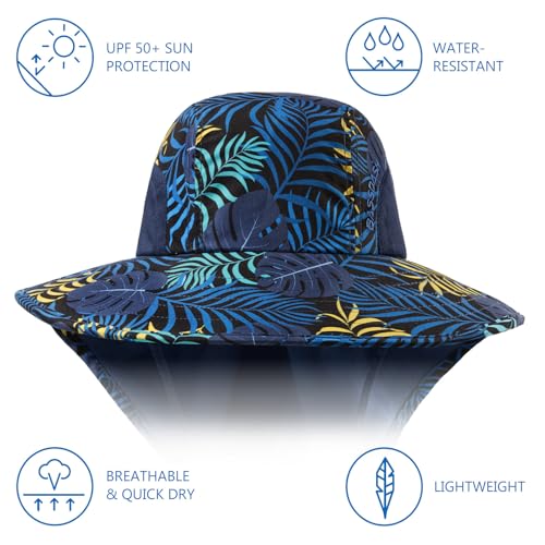 BASSDASH UPF 50+ Unisex Water Resistant Wide Brim Sun Hat with Large Neck Flap Ponytail Fishing Hat for Men Women - color: Colorful Leaves/Dark Blue