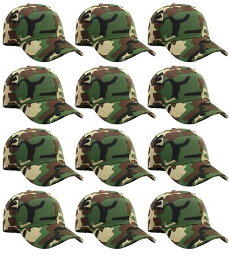 Falari Wholesale Bulk Lot 12-Pack Baseball Cap Adjustable Size Plain Blank Solid Color - color: Camouflage - Woodland